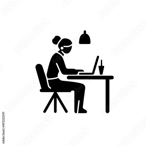 Female character working on a laptop at a desk under a lamp representing remote work or online study