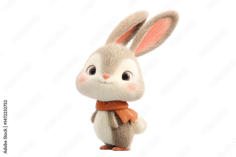 Obraz premium Adorable cartoon bunny rabbit wearing a cute orange scarf winter animal illustration 3d fun on transparent background