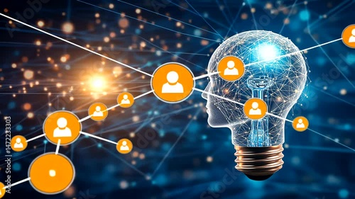 Luminous lightbulb head connected to a network of user icons, symbolizing interconnected ideas and collective intelligence
