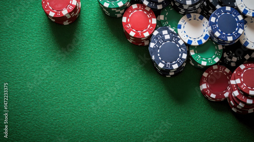 High-angle close-up shot of stacks of colorful casino chips on a green felt table, leaving ample copy space. : Generative AI photo