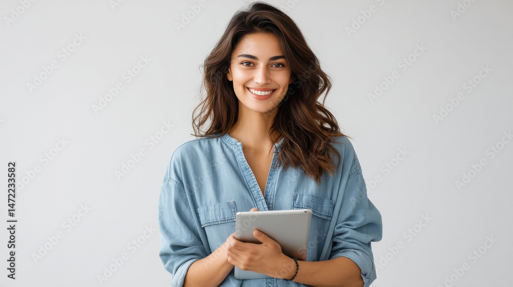 young indian woman holding tablet on white background young indian woman holding tablet on white background
