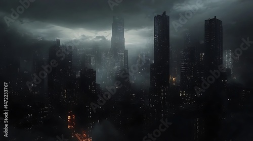 Futuristic cityscape under dark sky