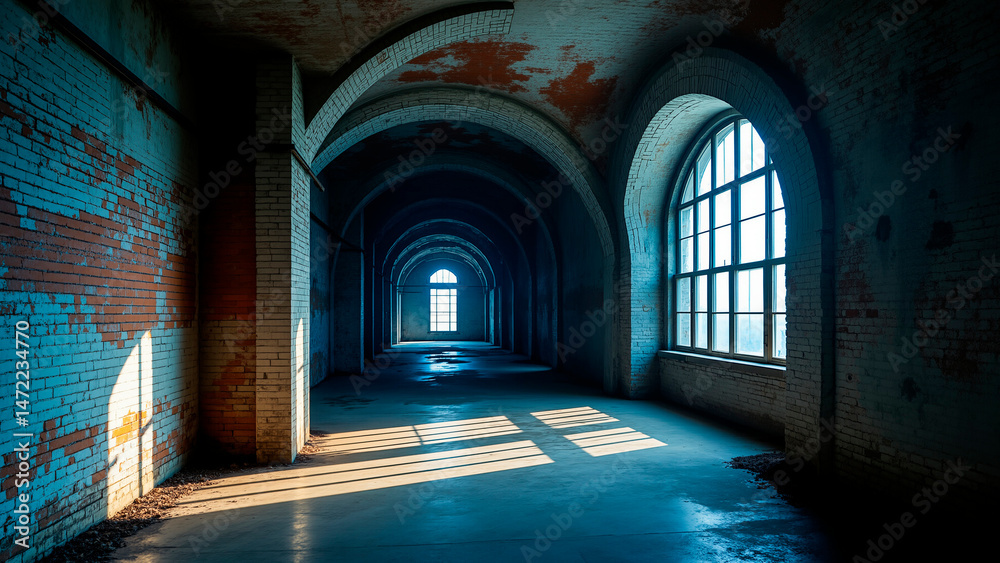 Fototapeta premium Rusted Metal Loft Interior - Dramatic Volumetric Lighting, Abandoned Mine Shaft