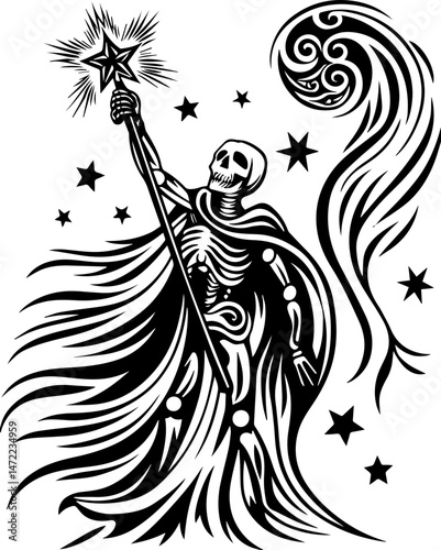 SVG vector of coral reef restoration showing marine life. Ethereal Reaper with Moon and Blade Symbolism in Black and White