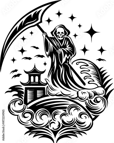 SVG vector of a celestial reaper with a skull face. Grim Reaper Holding Scythe Beneath a Full Moon with Stars