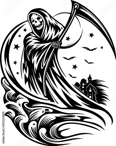 SVG vector of coral reef restoration showing marine life. Dark Grim Reaper Holding Scythe Under Moonlight and Stars