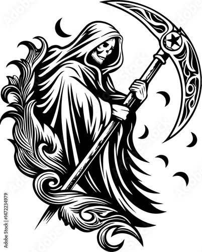 SVG vector of coral reef restoration showing marine life. Fearsome Reaper Holding Blade Against a Moonlit Background