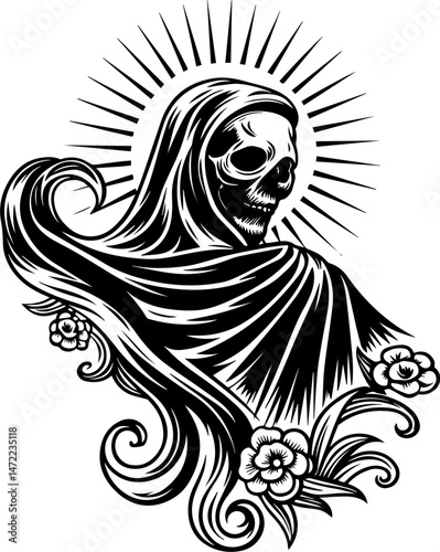 SVG vector of coral reef restoration showing marine life. Artistic Representation of a Reaper with Floral Elements and Moon