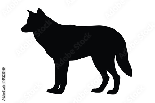 Black silhouette vector of a wolf standing on white background, minimalist vector illustration