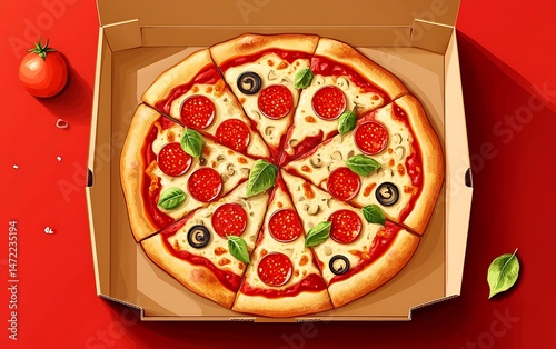 Pizza in box, food delivery, top view, realistic illustration photo