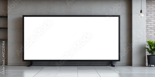 A large blank television screen in a modern room with plant and hanging lightbulb near wall