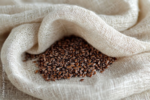 Scattered flaxseeds on a textured, neutral-colored fabric background