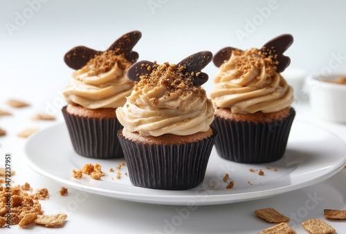 Delightful chocolate topped cupcakes with creamy frosting and cookie crumble on a simple white plate against a soft background