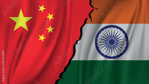 India China Flag Conflict Border Tension Image , National Symbolism and Geopolitical Theme , India vs China concept flags on a wall with a crack , India vs China war 