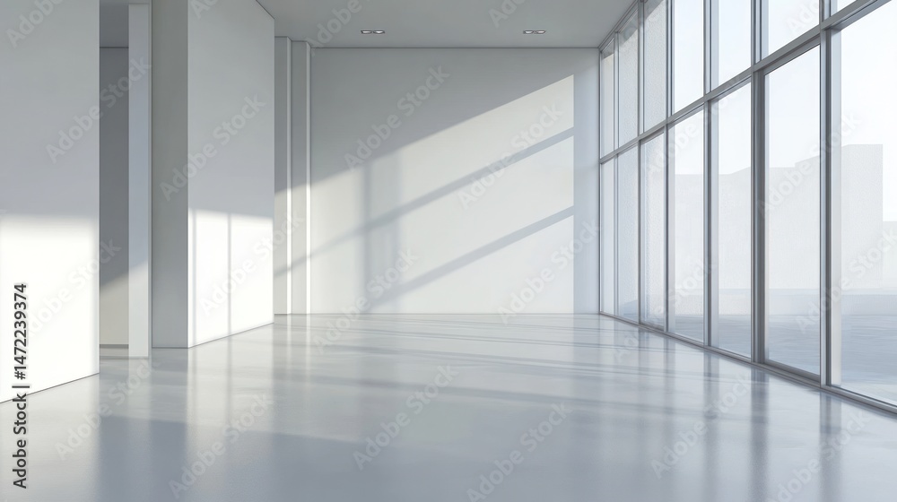 Fototapeta premium Modern minimalist interior of an empty gallery space with large windows and natural light streaming in