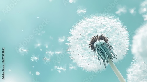 White Dandelion Seeds Blowing in Teal Sky Background