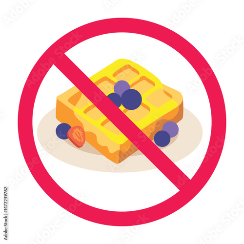 Forbidden sign with buttermilk waffles icon, no waffle allowed sign, buttermilk waffle prohibition symbol
