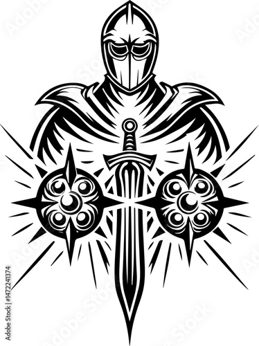 SVG vector of a skull infused with dark magic and glowing runes. Warrior with Sword and Runes Design for Magic and Curses Theme