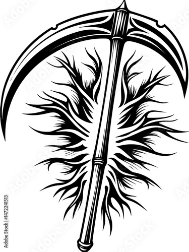 SVG vector of a skull infused with dark magic and glowing runes. Mysterious Magic Scythe with Intricate Runes and Dark Energies