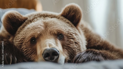 Close-up portrait of a brown bear resting its head on a soft surface, showing its fur texture and calm expression. : Generative AI photo