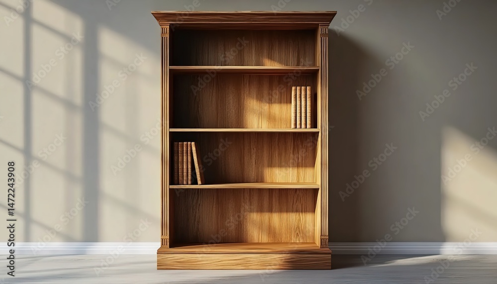 Fototapeta premium Wooden bookshelf with four shelves against sunlit wall.