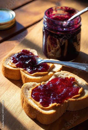 Peanut Butter and Jelly Sandwich on Toast with Jar of Jam in Natural Light on Wooden Table, Delicious Breakfast or Snack Idea