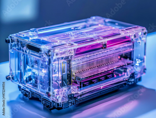 Close-up exploration reveals the stunning architecture of a futuristic microchip, with transparent layers highlighting its advanced nanowire circuits against a clean, modern backdrop photo