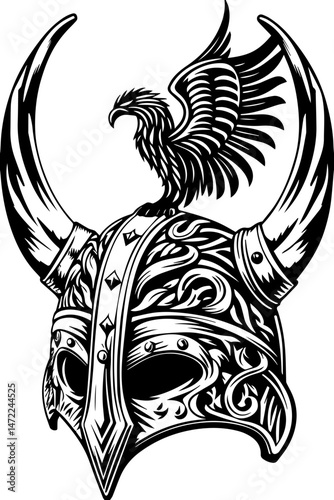 SVG vector of a dark fantasy skull wearing a menacing skull helmet. Ornate Viking Helmet with Eagle Design and Intricate Patterns