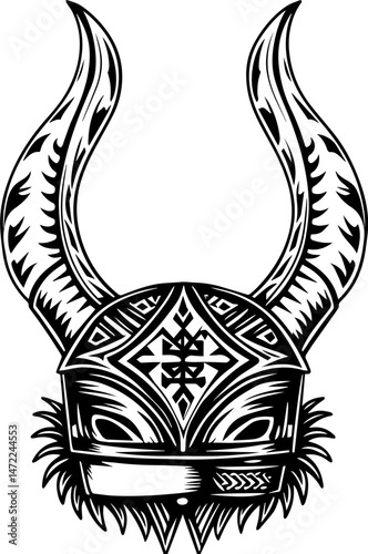 SVG vector of a dark fantasy skull wearing a menacing skull helmet. Intricate Viking Helmet Design with Horns and Geometric Patterns