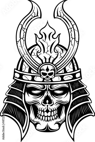 SVG vector of a dark fantasy skull wearing a menacing skull helmet. Intricate Helmet Design Featuring Skull and Horns with Flames