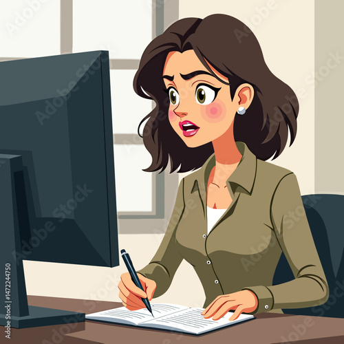 Office Scene with Woman Writing Quickly in Notebook, Furrowed Brow, and Computer Screen Next to Her, in Realistic Yet Flat Vector Style
