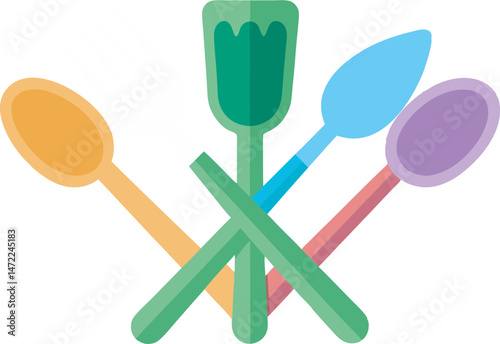A detailed vector art illustration featuring various plastic cutlery items, including forks, knives, and spoons, ideal for kitchen or dining designs.