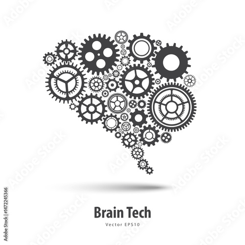 Concept of Engineer and Innovation. Brain Tech. Gears and cogs brain symbol. Human and Artificial Intelligence. Innovations powered by machine learning and Deep learning. Vector illustration.