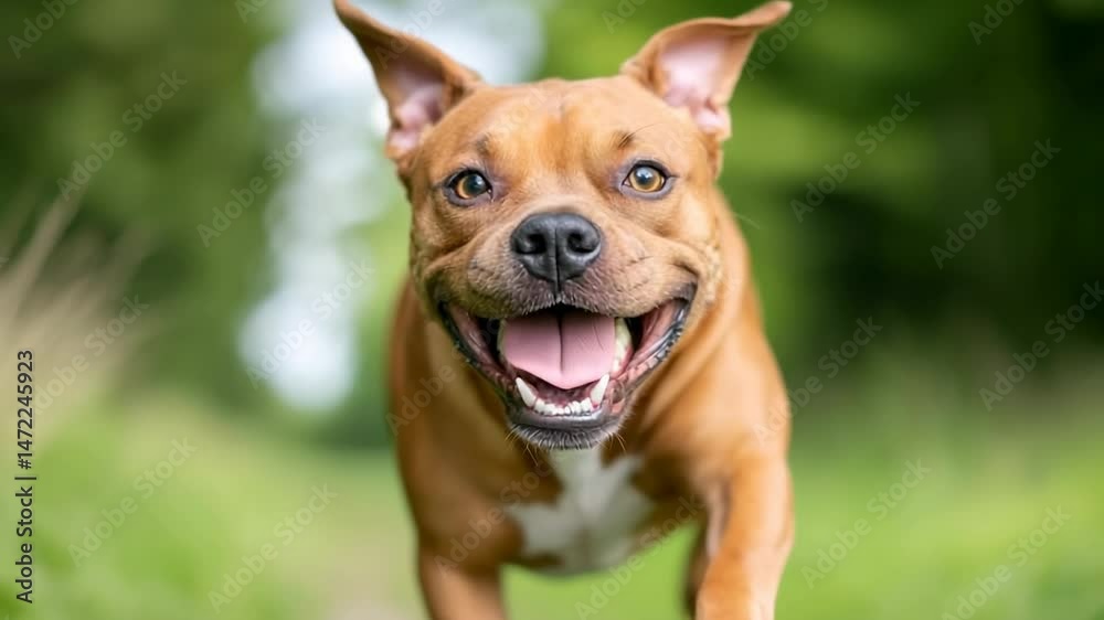 Happy brown dog running through green park pathway with joyful expression Happy brown dog running through green park pathway with joyful expression