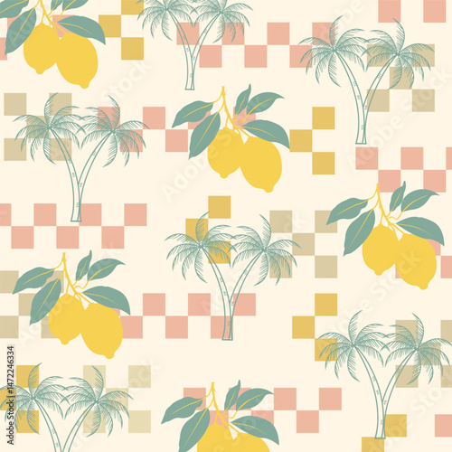 Wallpaper Mural Mediterranean seamless pattern. Vintage tropical design. Hand drawn checkered elements, lemon and palm tree for textile, backgrounds, presentations, wrapping papers, prints, artworks. Torontodigital.ca