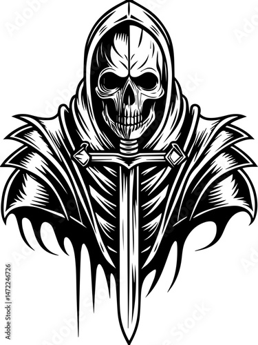 SVG vector of a dark fantasy Skull Knight with a snake-like body. Skull Knight Illustration with Sword and Cloak Graphic Design Art