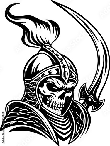 SVG vector of a dark fantasy Skull Knight with a snake-like body. Skull Knight Warrior with Sword in Dynamic Mid Strike Pose