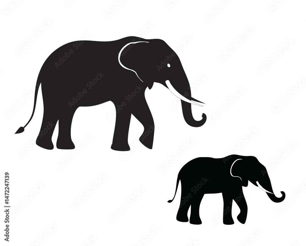 Fototapeta premium Silhouette of Two Elephants Walking Side by Side Isolated on White Background