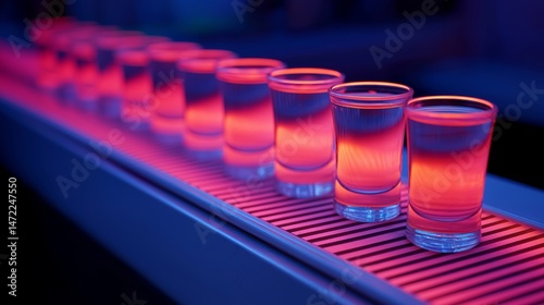 Neon Cocktail Conveyor: A captivating shot of a vibrant, neon-lit cocktail lineup on a conveyor belt. The image conveys a sense of dynamism and refreshment.