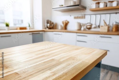 Light wood kitchen counter top with blurred modern kitchen background.  Perfect for showcasing products or recipes. : Generative AI
