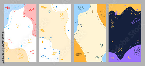 Vector illustration. Hand drawn memphis pattern elements and dotted lines. Doodle childish background. Trendy abstract colorful style. Design elements for vertical wallpaper, flyer, coupon, leaflet