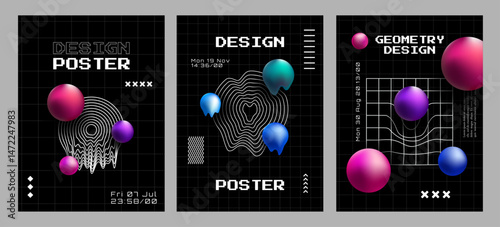 Vector illustration. Retro futuristic style background set with twisted outline shapes. Design element for poster, book or magazine cover, layout, flyer. Y2k concept with color 3d spheres