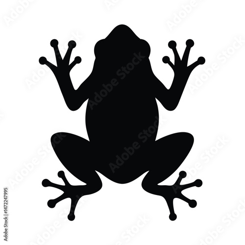 Black silhouette vector of a frog with detailed limbs and toes on a white background