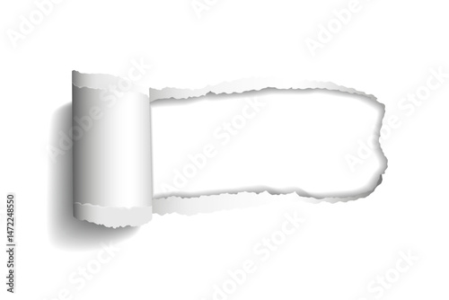 Vector realistic hole torn in paper with rolled edge and shadows on transparent background