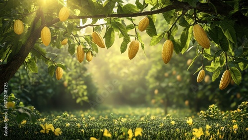 Fototapeta Naklejka Na Ścianę i Meble -  Lush cocoa plantation bathed in golden sunlight.  Clusters of cocoa pods hang from branches, amidst vibrant green foliage.  Soft, diffused light creates a peaceful atmosphere