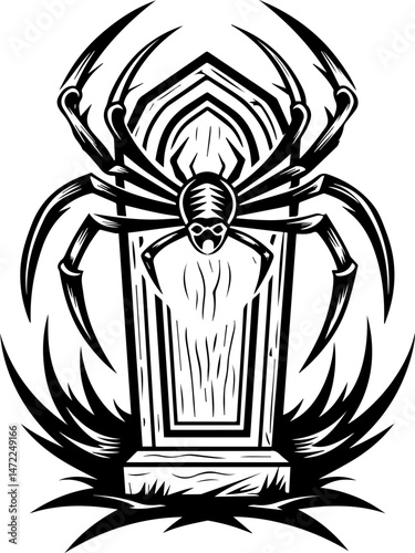 SVG vector of a dark fantasy Spider Reaper with a skull face, spider limbs, and a haunting aura. Intricate Spider Design on Tombstone in Dark Art Style