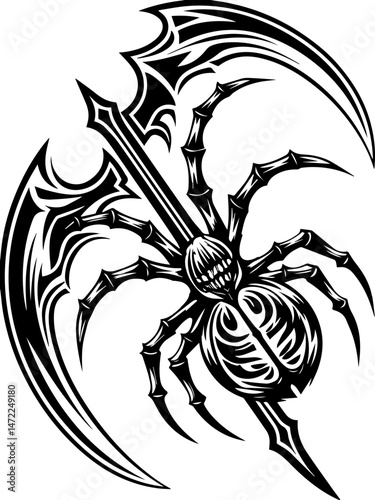 SVG vector of a dark fantasy Spider Reaper with a skull face, spider limbs, and a haunting aura. Dark Artistic Representation of a Spider with Scythe Elements
