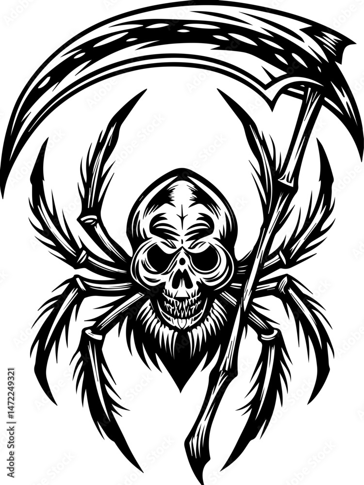 Obraz premium SVG vector of a dark fantasy Spider Reaper with a skull face, spider limbs, and a haunting aura. Creepy Black Spider with Scythe Design for Halloween Themes