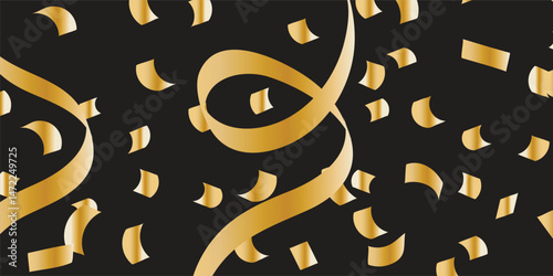 Shiny Golden Confetti Falling Gracefully on Black Background – Elegant Celebration Effect. Falling shiny golden confetti isolated on transparent background. Bright festive tinsel of gold color.