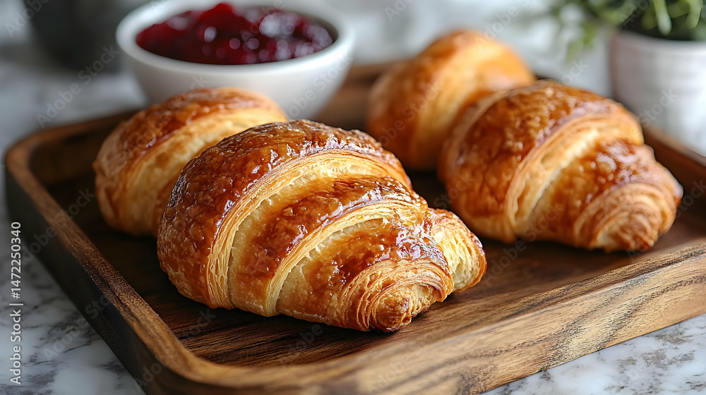 Freshly Baked Croissants with Fruit Jam on Rustic Wooden Tray Freshly Baked Croissants with Fruit Jam on Rustic Wooden Tray
